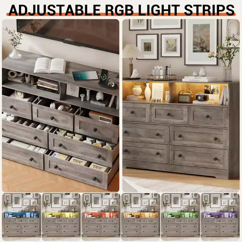 Commode en bois à 7 tiroirs avec station de recharge USB et lumières LED - Coiffeuse moderne avec 2 niches ouvertes pour chambre à coucher, salon, placard ou chambre d'enfant