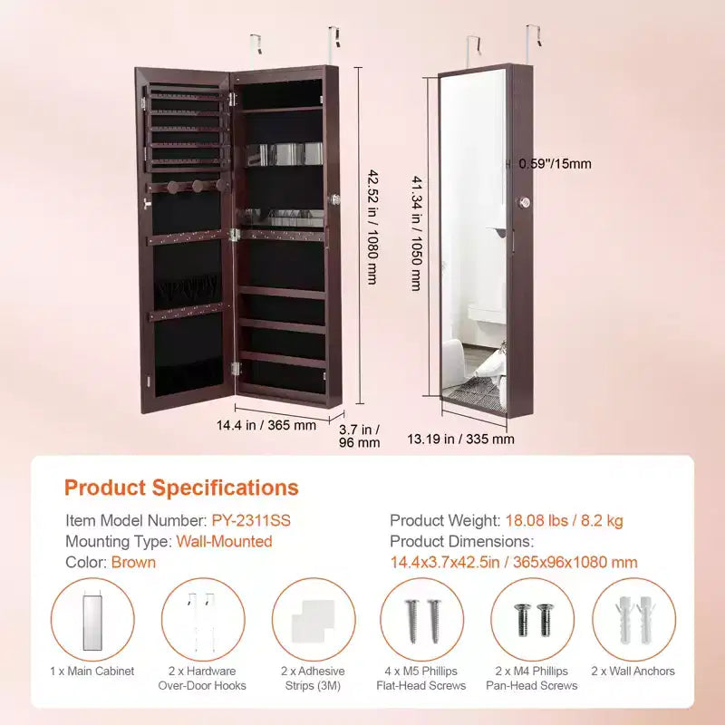 VEVOR Armoire à Bijoux avec Miroir, Armoire à Bijoux Verrouillable de 108 cm de Haut avec Miroir sur Pied, Miroir à Bijoux Mural ou à Suspendre à la Porte, Marron