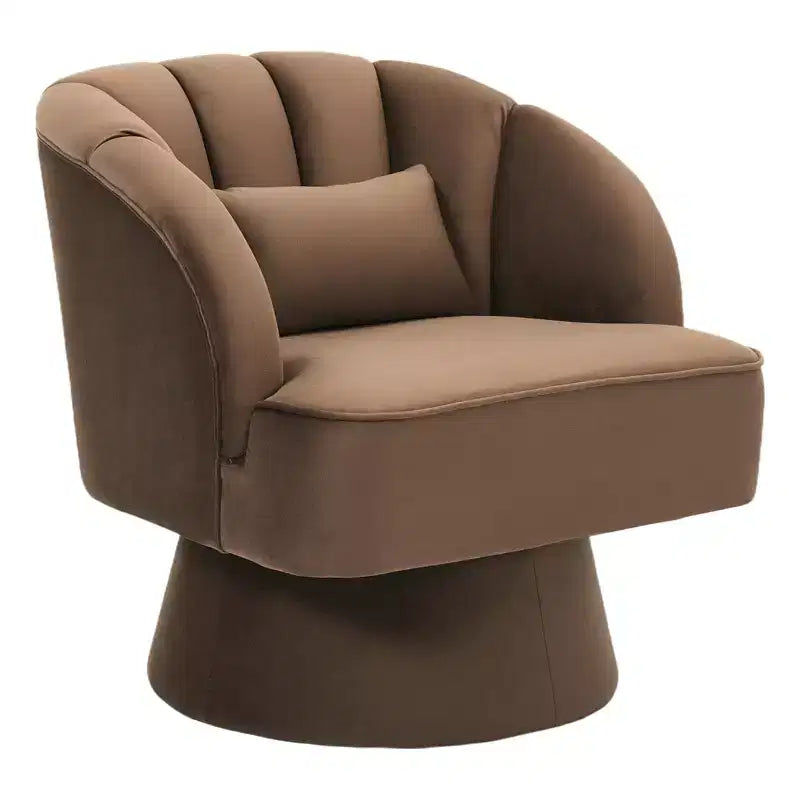 Fauteuil crapaud moderne, pivotant à 360°, avec dossier rayé incurvé et assise large et rembourrée, adapté aux salons, chambres à coucher.