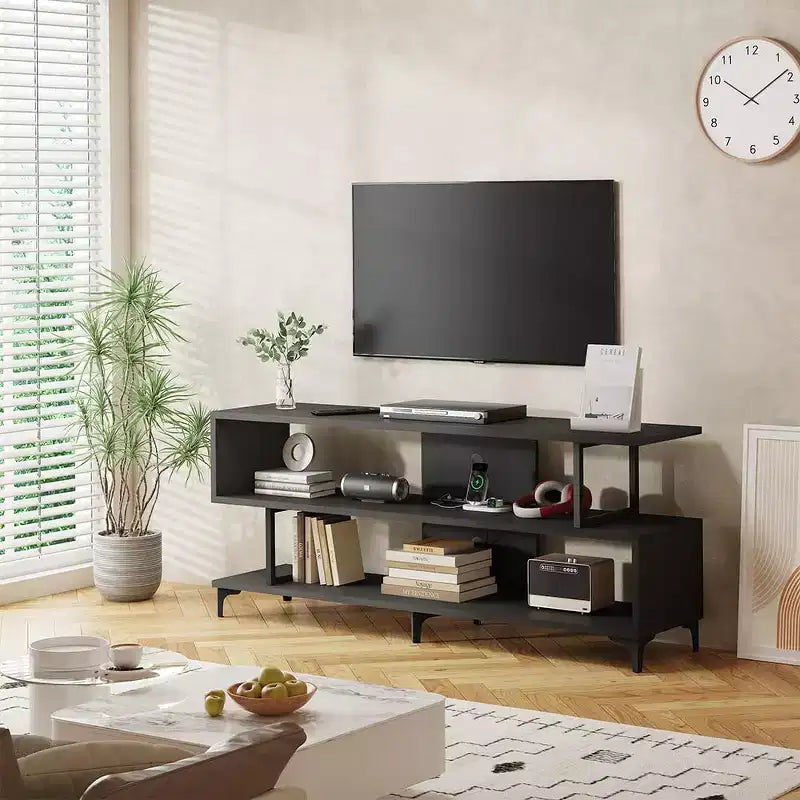 Meuble TV pour téléviseurs jusqu'à 60 pouces, centre de divertissement moderne avec étagère ouverte, station de charge, 4 prises de courant et 2 ports USB, pour salon ou chambre à coucher
