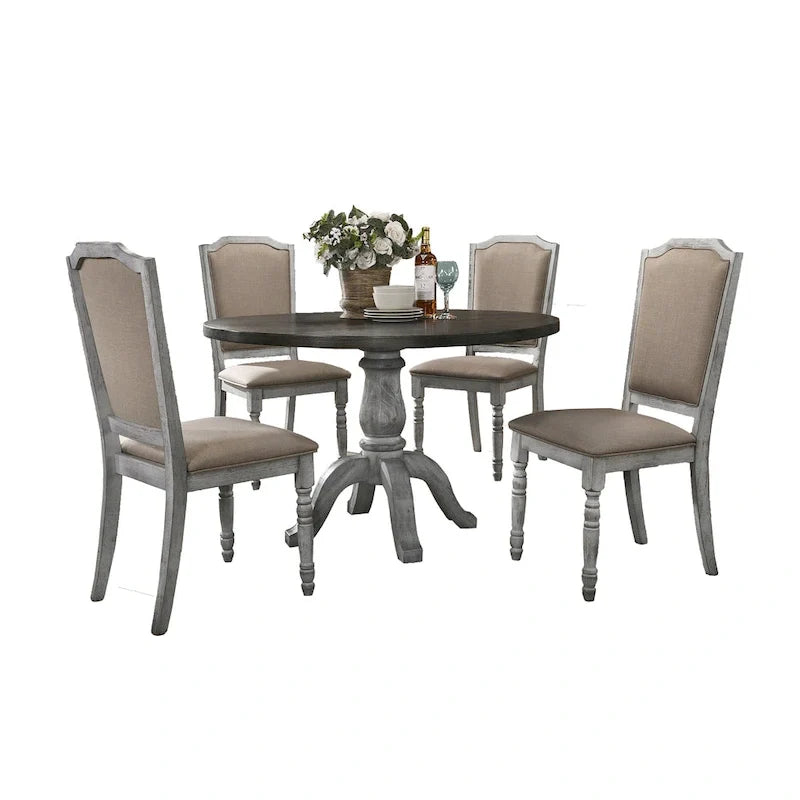 Ensemble de salle à manger 5 pièces d'inspiration vintage, finition patinée, avec table piédestal ronde et 4 chaises de salle à manger rembourrées