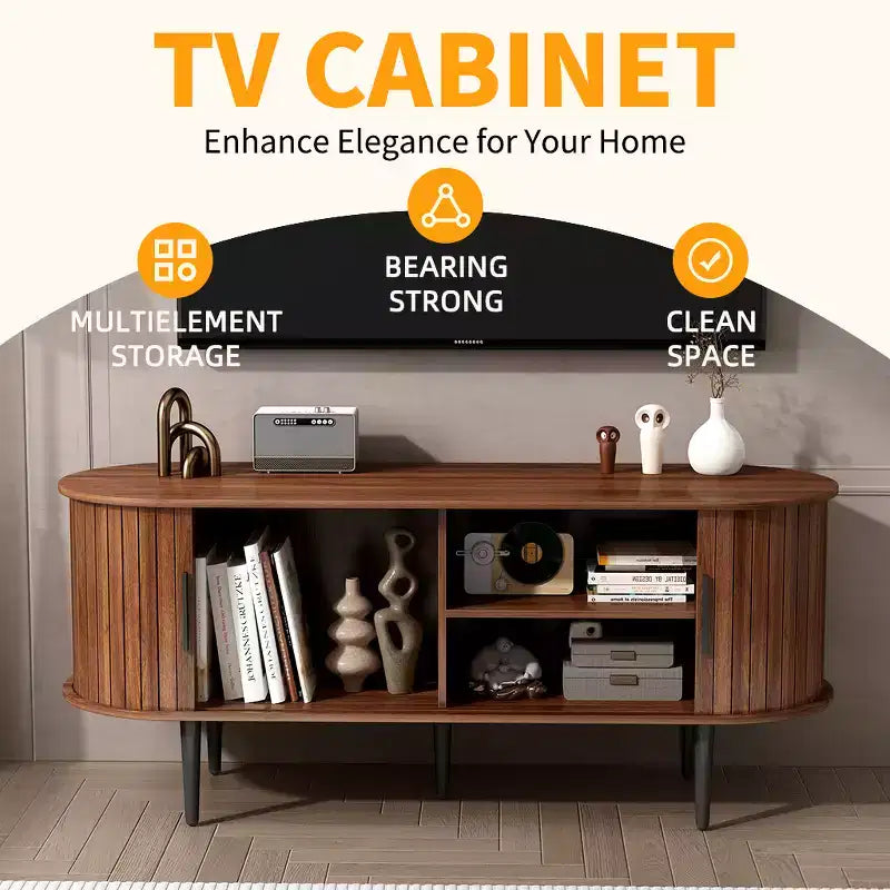 JVNOXK 55 Table de Console TV Moderne avec Compartiment de Rangement et Porte Coulissante - Meuble TV-Hifi Noyer pour Salon, Chambre, Bureau