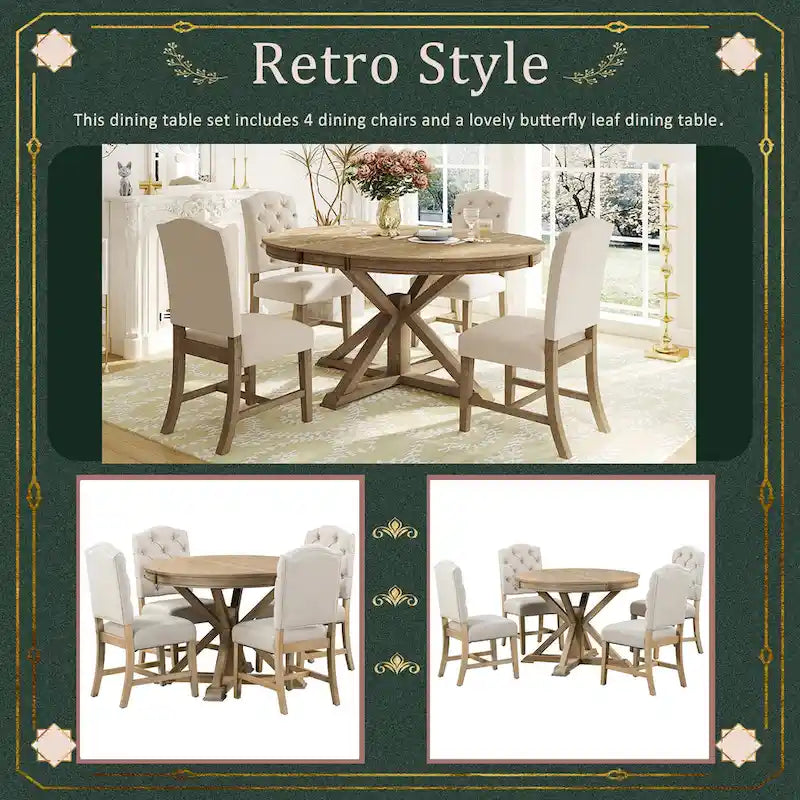 Ensemble de salle à manger 5 pièces en bois de style rétro avec table ronde extensible et 4 chaises, finition bois naturel vieilli
