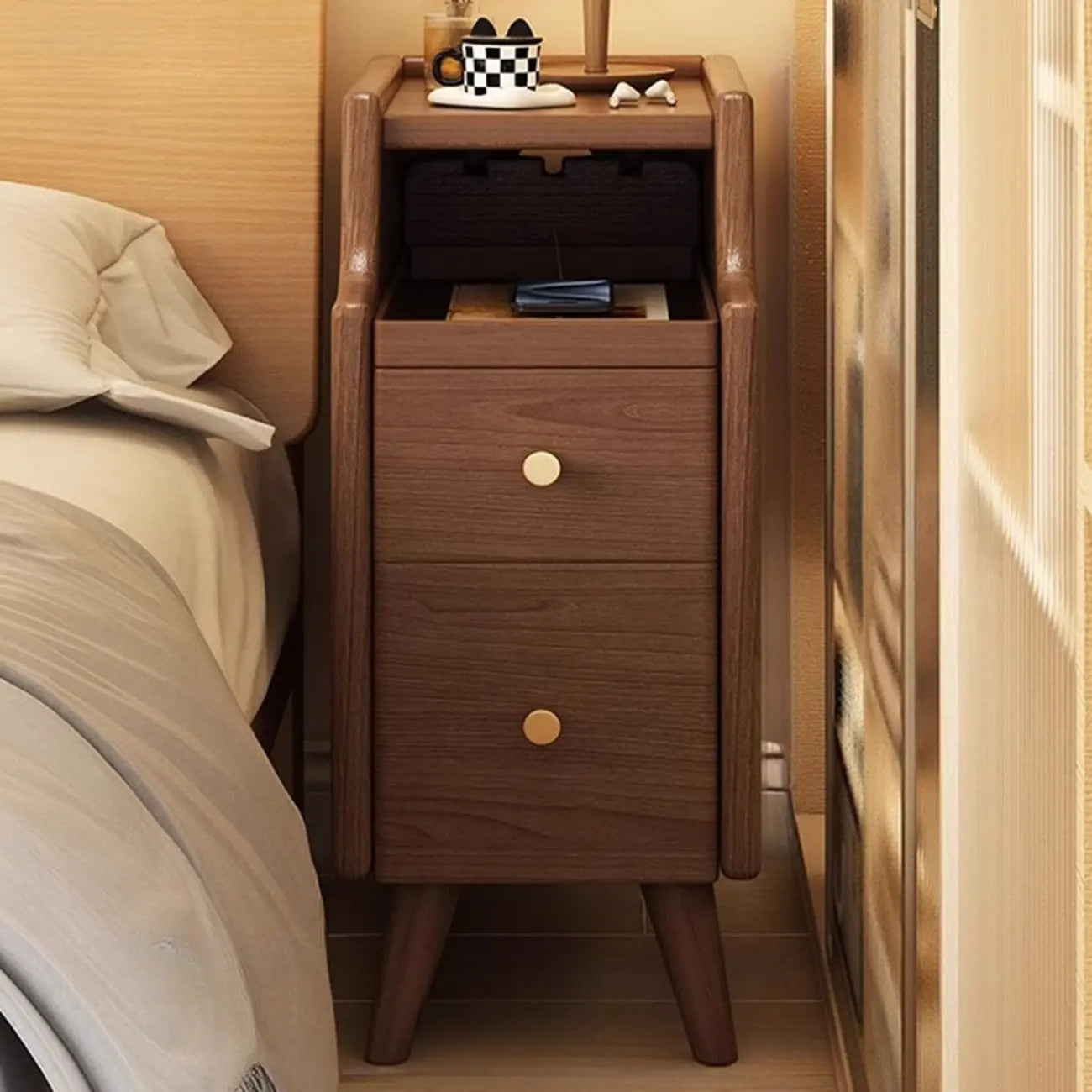 Table de chevet étroite en bois blanc à 2 étagères