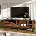 Meuble TV moderne pour téléviseurs jusqu'à 75 pouces, meuble de divertissement en bois de 180 cm avec rangement et porte coulissante, table console multimédia pour salon et chambre