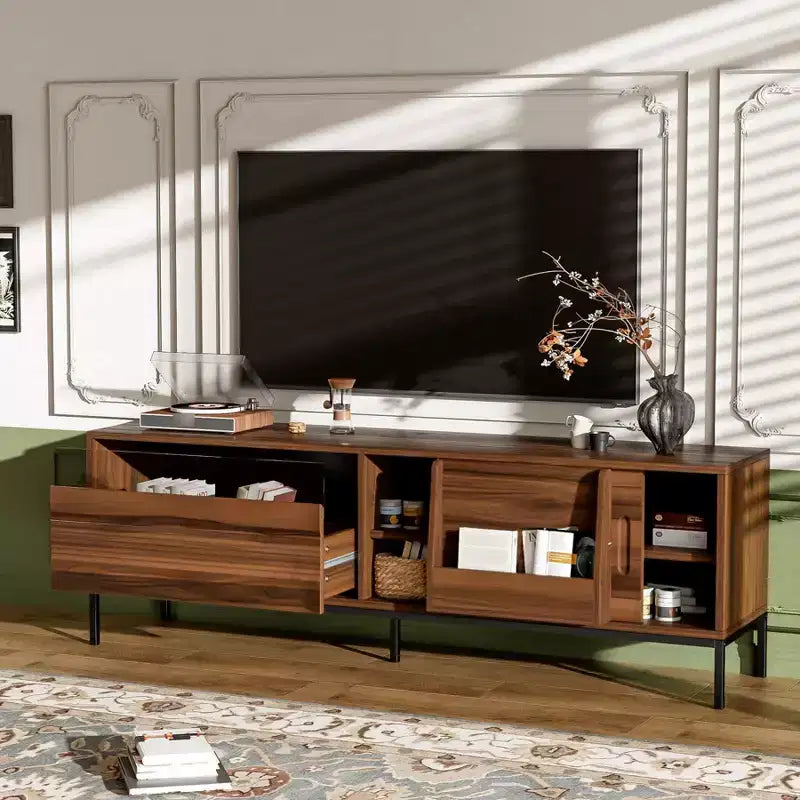 Meuble TV moderne pour téléviseurs jusqu'à 75 pouces, meuble de divertissement en bois de 180 cm avec rangement et porte coulissante, table console multimédia pour salon et chambre