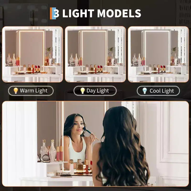 Coiffeuse d'angle avec miroir triptyque, station de charge, armoire de rangement, sac de rangement et tabouret, coiffeuse d'angle compacte pour chambre à coucher