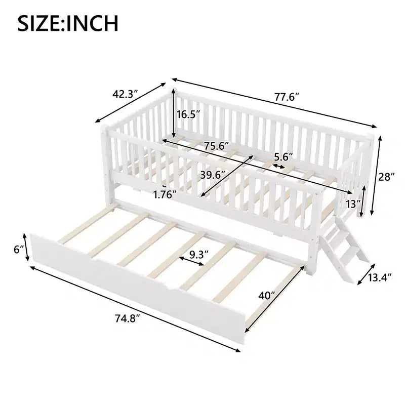 Cadre de lit double avec lit gigogne et garde-corps, lit plateforme bas avec escalier pour garçons et filles