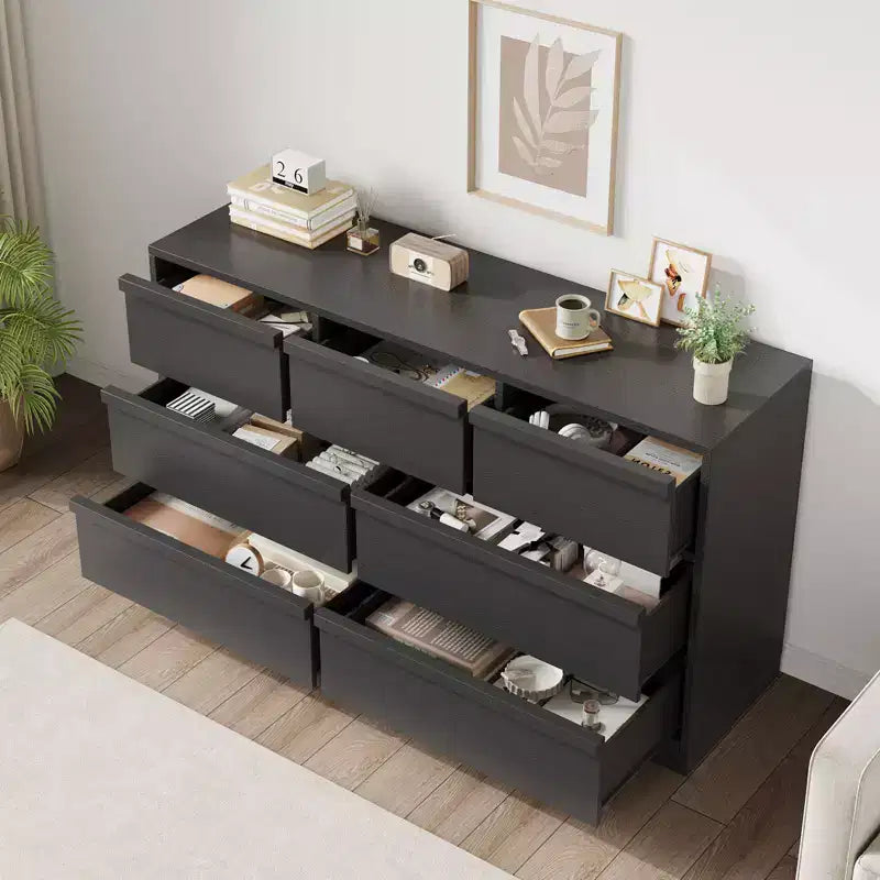 Commode 7 tiroirs pour chambre à coucher, commode noire avec poignées concaves, commode moderne à 7 tiroirs pour chambre, salon, chambre d'enfant