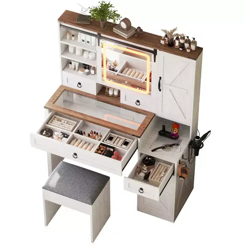 Coiffeuse de ferme avec miroir coulissant à LED, 4 tiroirs et 2 armoires, station de charge, plateau en verre et armoire latérale pour chambre à coucher