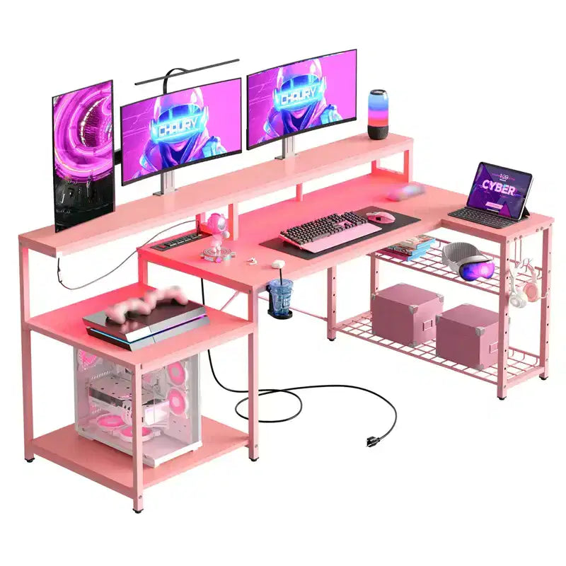 Bureau de gamer Bestier 71,5 pouces avec prise de courant, bureau d'ordinateur en L avec support d'écran, table de gamer d'angle avec étagère réglable et crochet pour casque