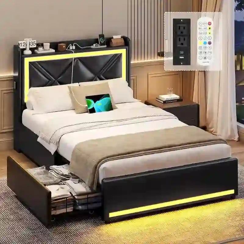 Cadre de lit avec lumières LED, tête de lit et station de charge USB-C/A, 4 tiroirs