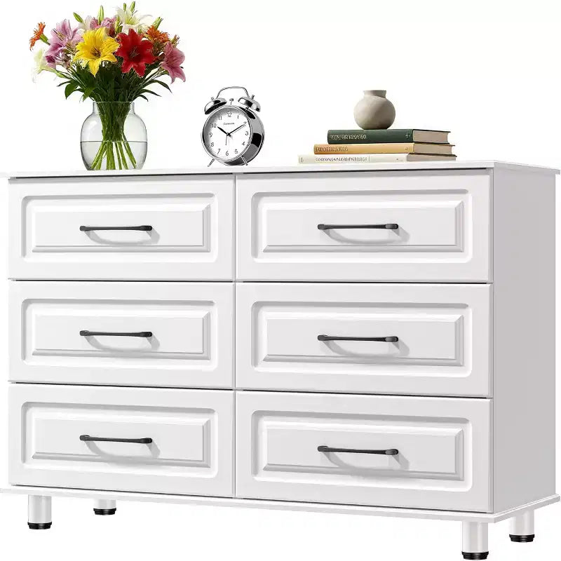 Commode blanche Sandinrayli pour chambre à coucher, commode large à 6 tiroirs, table de chevet moderne, commodes en bois avec poignées en acier, blanc