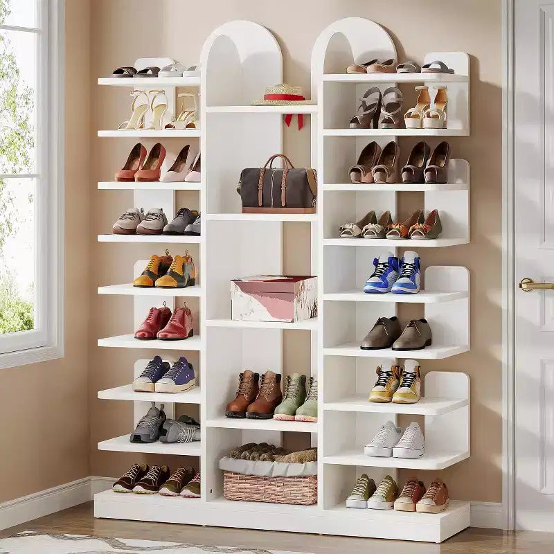 Étagère à chaussures Lantine 13 niveaux blanche, organiseur d'entrée haut autoportant avec étagères ouvertes pour 40 paires, meuble de rangement en bois pour le salon
