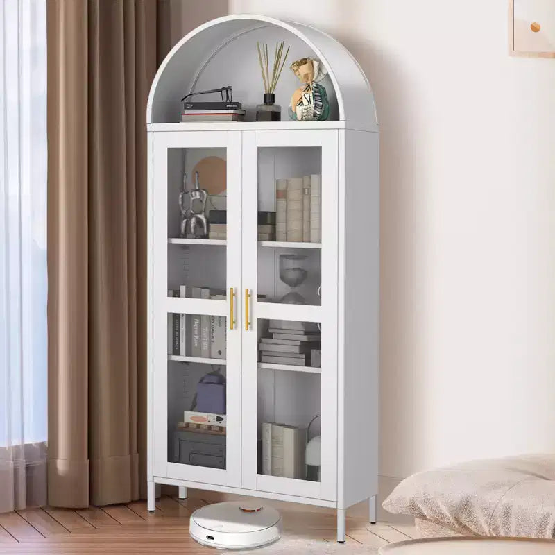 Meuble de rangement en métal arqué de 73", armoire de cuisine avec portes vitrées, vitrine autoportante avec 2 étagères réglables