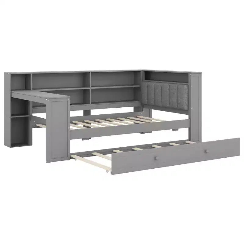 Lit plateforme double en bois Luxystar avec tête de lit capitonnée, 8 étagères de rangement, lit gigogne et bureau