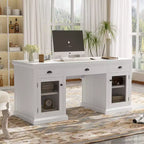 67 Bureau de direction moderne avec tiroirs et armoire, bureau d'ordinateur de bureau avec ports USB, poste de travail, blanc - ModernLuxe