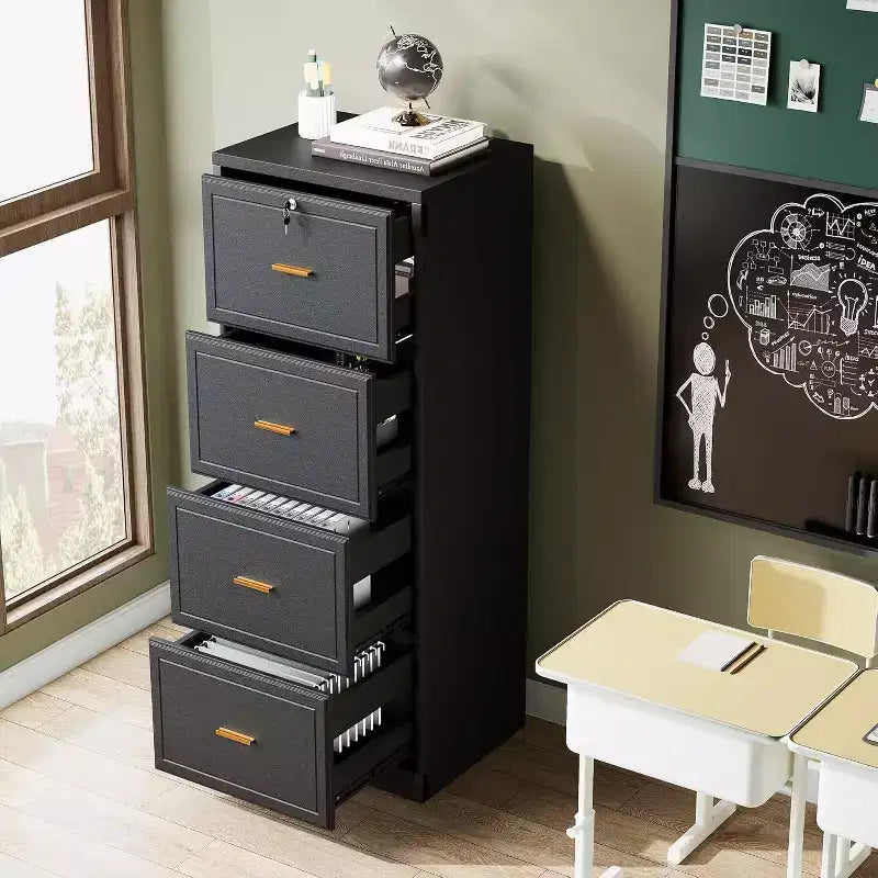 Classeur à 4 tiroirs Lantine avec serrure et clé, grand meuble de rangement vertical en bois pour dossiers légaux/lettres/A4, rangement pour bureau à domicile, noir