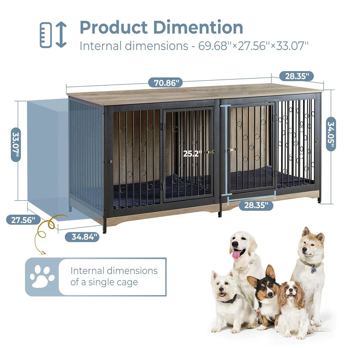 Meuble Cage pour Chien 70.86'' Grande Race Meuble TV avec Coussin & Deux Chambres (Sans Coussin)