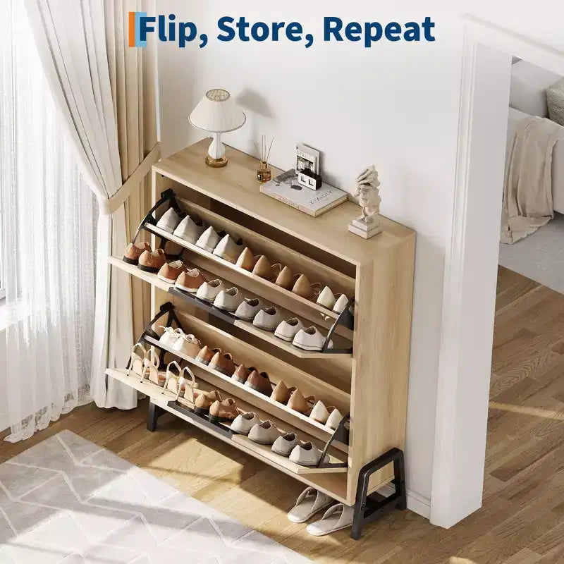 Meuble de rangement pour chaussures à 2 tiroirs basculants – avec pieds en métal, étagère réglable, organisateur de chaussures étroit pour entrée, foyer, couloir, salon