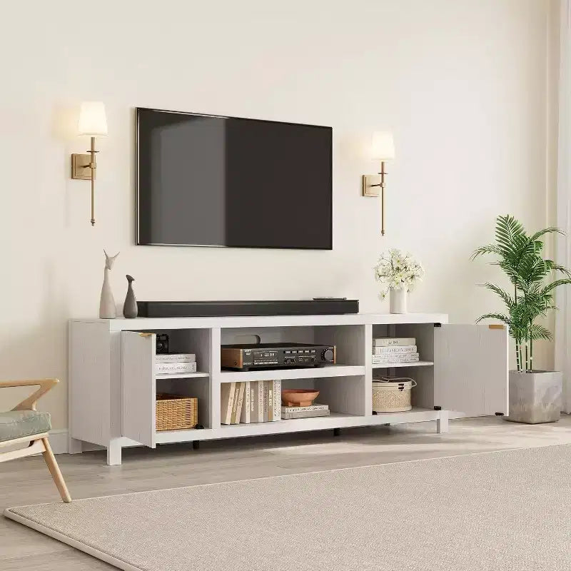 Meuble TV Acekool 70 moderne cannelé pour téléviseurs jusqu'à 80 pouces, console multimédia avec armoires de rangement, étagères réglables, centre de divertissement