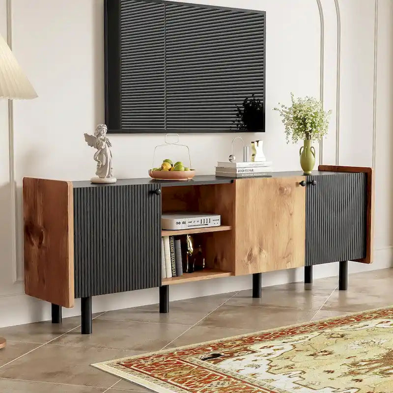 Meuble TV Mid-Century avec 3 armoires, console multimédia pour téléviseurs jusqu'à 70 pouces, centre de divertissement avec rangement