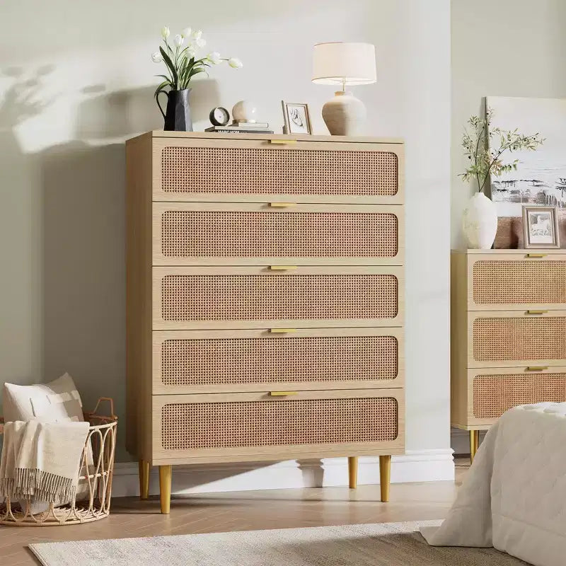 Commode à 5 tiroirs en rotin GustoWave pour chambre à coucher, commode haute avec tiroirs profonds, grande commode pour placard avec plateau large, longue commode en bois