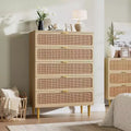 Commode à 5 tiroirs en rotin GustoWave pour chambre à coucher, commode haute avec tiroirs profonds, grande commode pour placard avec plateau large, longue commode en bois