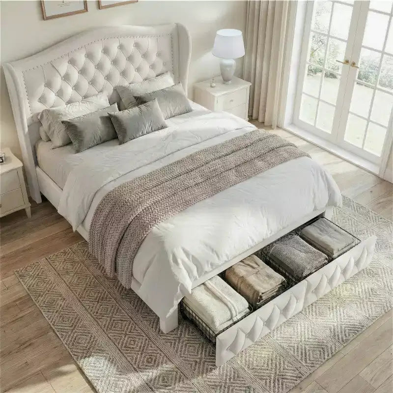 Cadre de lit Dyonery Queen Size avec 2 tiroirs de rangement et tête de lit capitonnée, sommier tapissier avec support à lattes en bois, montage facile