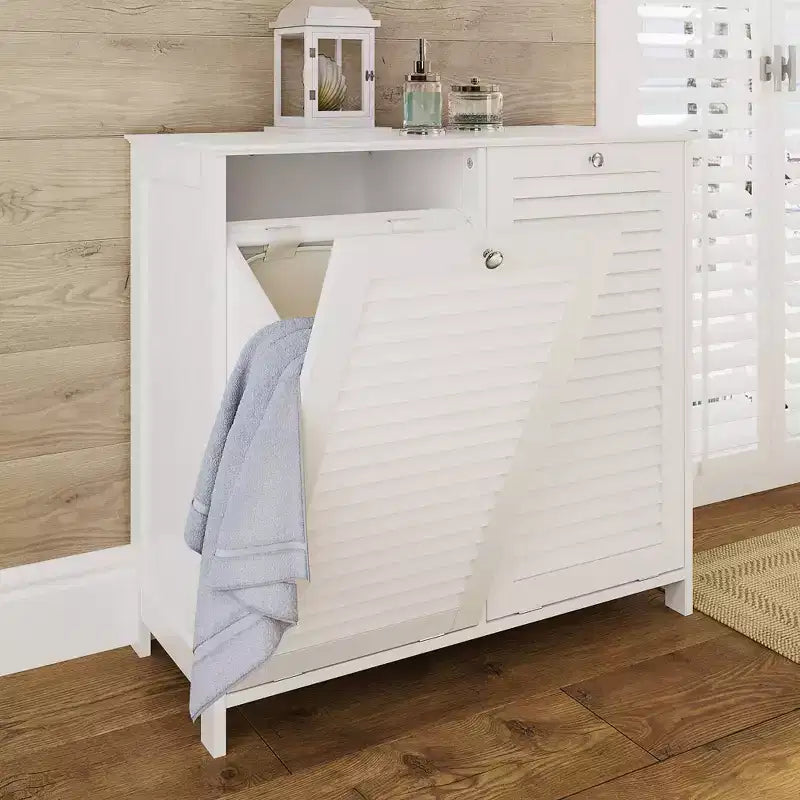 Meuble à Linge Double RiverRidge Ellsworth avec Poubelle Basculante et Sac de Rangement en Tissu Amovible - Blanc