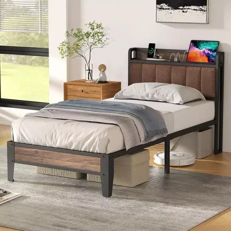 Lusimo Cadre de lit Twin XL, Lit plateforme rembourré avec tête de lit de rangement et station de charge