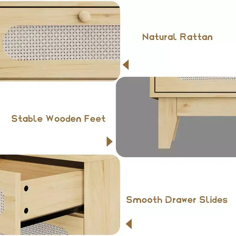 52.1 Commode en rotin avec station de charge, commode en bois à 6 tiroirs pour chambre à coucher avec tiroirs de capacités variées