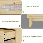 52.1 Commode en rotin avec station de charge, commode en bois à 6 tiroirs pour chambre à coucher avec tiroirs de capacités variées
