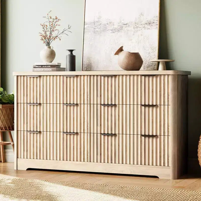 Commode 6 tiroirs cannelée, commode moderne en bois avec plateau en bois, armoire de rangement robuste pour vêtements de chambre à coucher