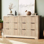 Commode 6 tiroirs cannelée, commode moderne en bois avec plateau en bois, armoire de rangement robuste pour vêtements de chambre à coucher