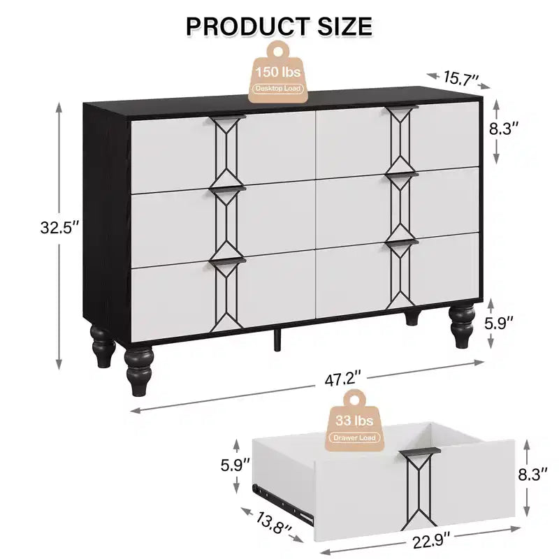 Commode à 6 tiroirs pour chambre à coucher, commode en bois moderne avec tiroirs profonds, commode pour salon, couloir, entrée