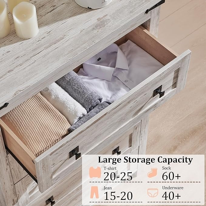Commode en bois de style campagnard, 5 tiroirs, 122 cm de hauteur, pour chambre à coucher