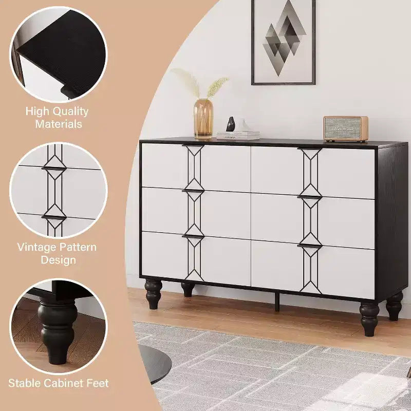 Commode en bois à 6 tiroirs au design vintage, commode moderne à tiroirs profonds pour chambre, salon, entrée