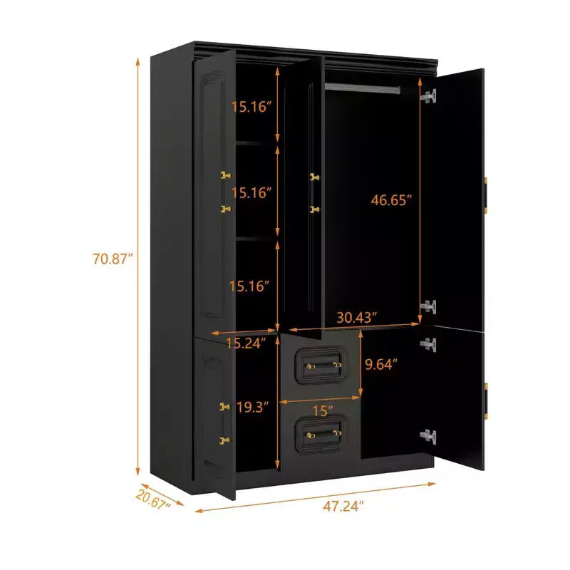 Armoire Keloyid en bois noir de 120 cm avec 2 tiroirs et 5 portes