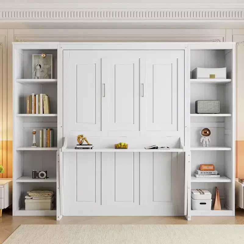 Lit escamotable en bois Queen/Grand avec bureau et étagères de rangement, blanc -ModernLuxe