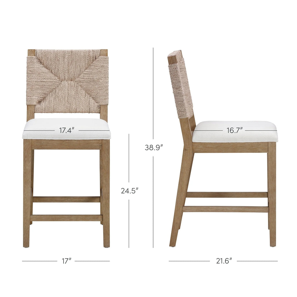 Tabouret de bar Beacon Bohemian Boucle, Chaise de comptoir rembourrée avec structure en bois massif et dossier en jonc de mer tressé