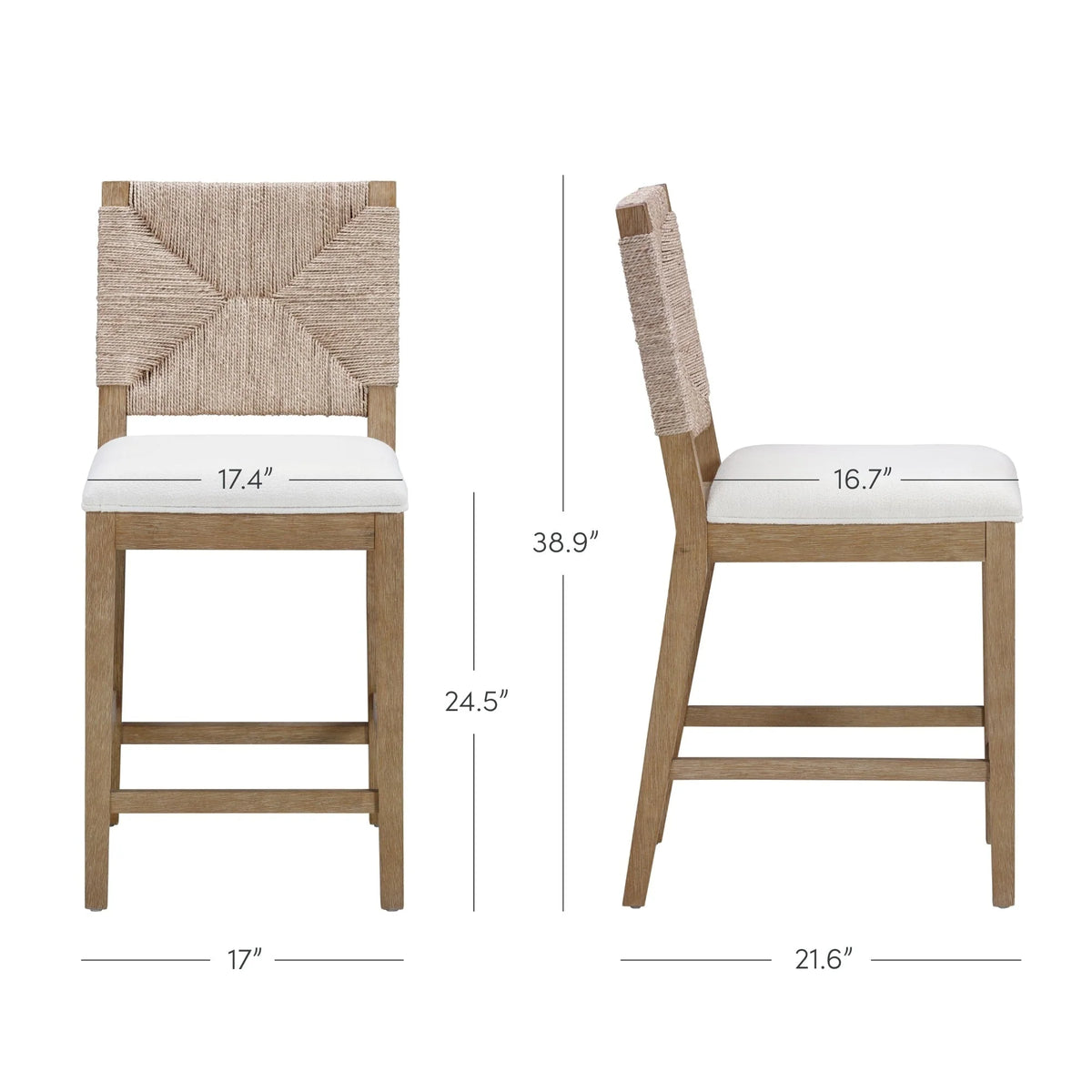 Tabouret de bar Beacon Bohemian Boucle, Chaise de comptoir rembourrée avec structure en bois massif et dossier en jonc de mer tressé