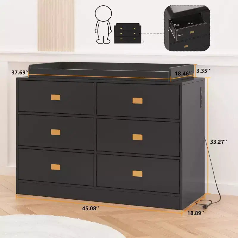 Commode de chambre d'enfant Coolmee avec plan à langer, commode bébé à 6 tiroirs avec kit anti-basculement, plateau étanche et rails de sécurité pour l'organisation du rangement