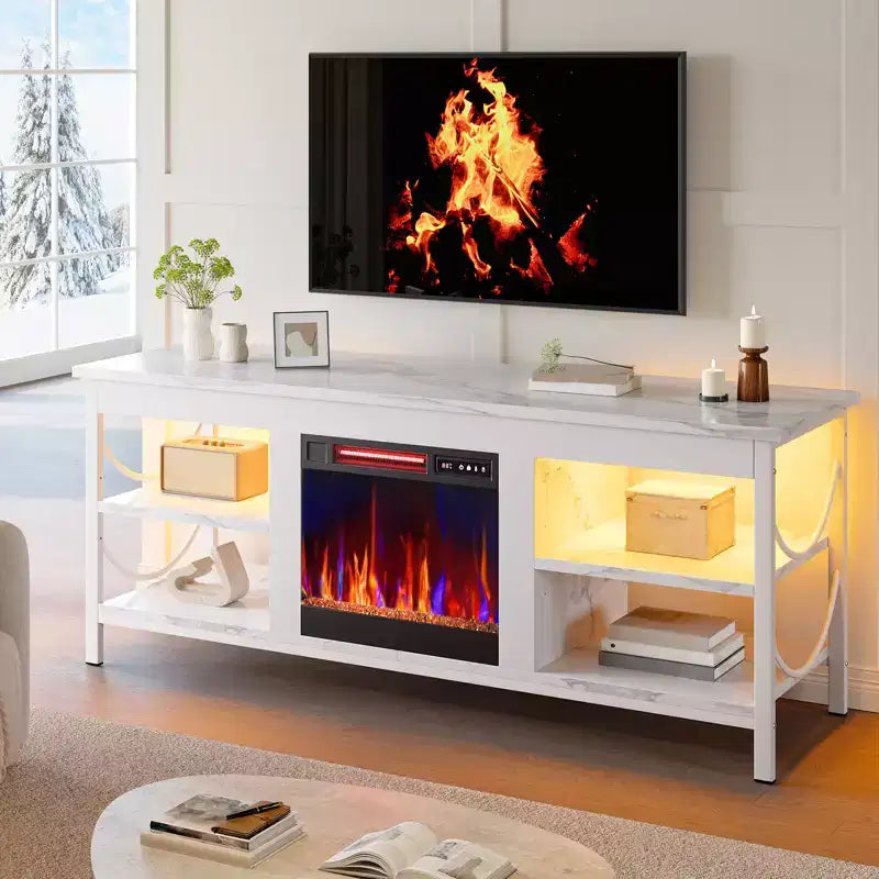 Meuble TV Pinmoco de 55 pouces avec cheminée électrique, centre de divertissement de jeu avec lumières LED et étagères, convient aux téléviseurs jusqu'à 65 pouces
