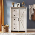 Commode haute moderne de style ferme à 5 tiroirs avec porte coulissante de style grange, organisateur de rangement pour chambre à coucher, salon et chambre d'enfant.