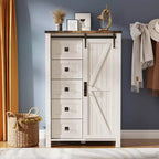 Commode haute moderne de style ferme à 5 tiroirs avec porte coulissante de style grange, organisateur de rangement pour chambre à coucher, salon et chambre d'enfant.