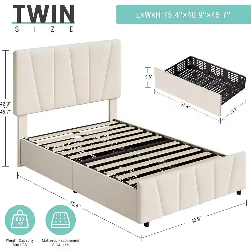 Lit Queen Size avec tête de lit réglable et 4 tiroirs de rangement, cadre de lit plateforme rembourré doux avec support à lattes en bois