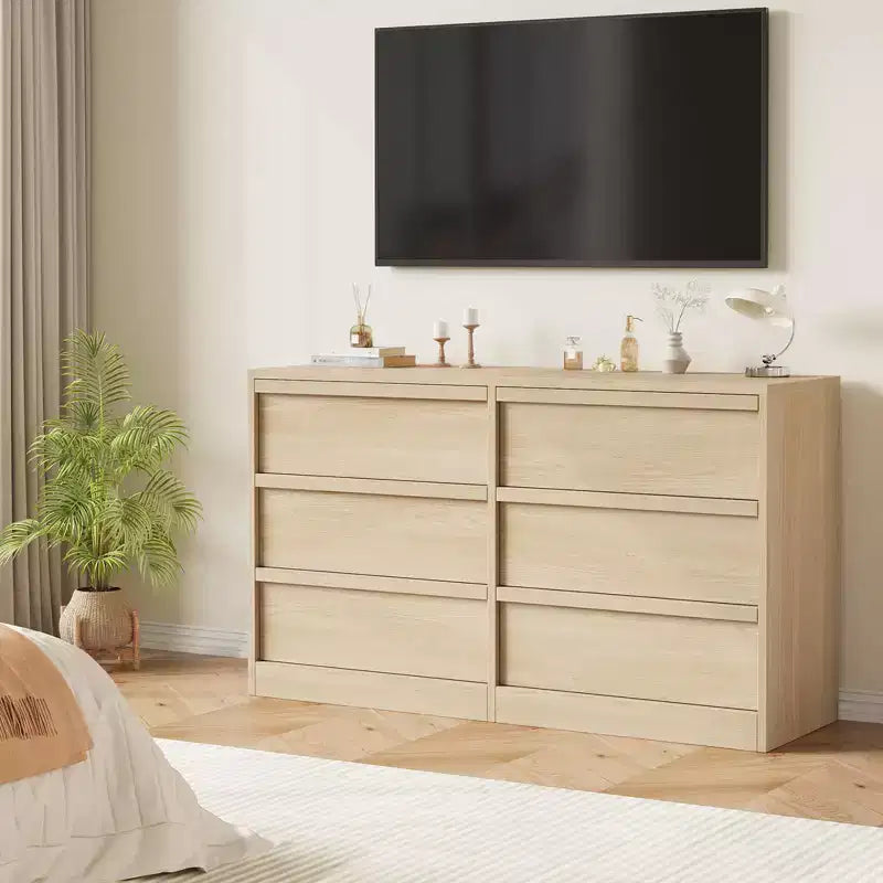 Commode 6 tiroirs en chêne naturel de 119 cm de large, grand buffet en bois avec grande capacité de rangement, pour salon, entrée