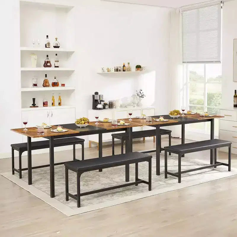 Ensemble table de cuisine extensible 3 pièces VECELO 63" avec bancs, salle à manger moderne pour 8/6/4 personnes, noir/marron/blanc