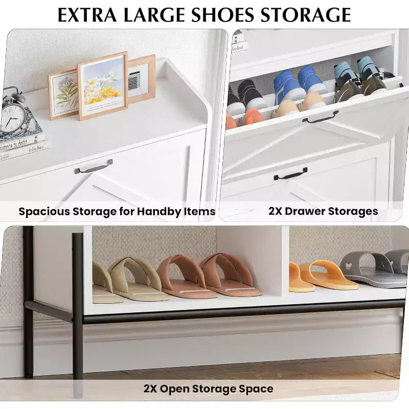 Meuble à chaussures Acekool avec 2 tiroirs basculants et rangement ouvert, pieds de support réglables, poignées métalliques, organisateur d'entrée